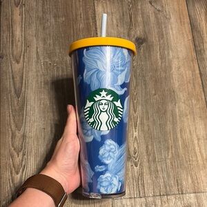 Starbucks Blue Floral Tumbler with Yellow Lid